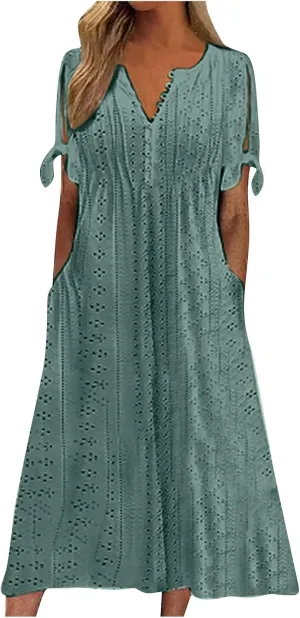 Maxi Dresses for Women 2025 Boho Short Sleeve Eyelet Tshirt Dress Casual Summer Beach Vacation Long Dresses