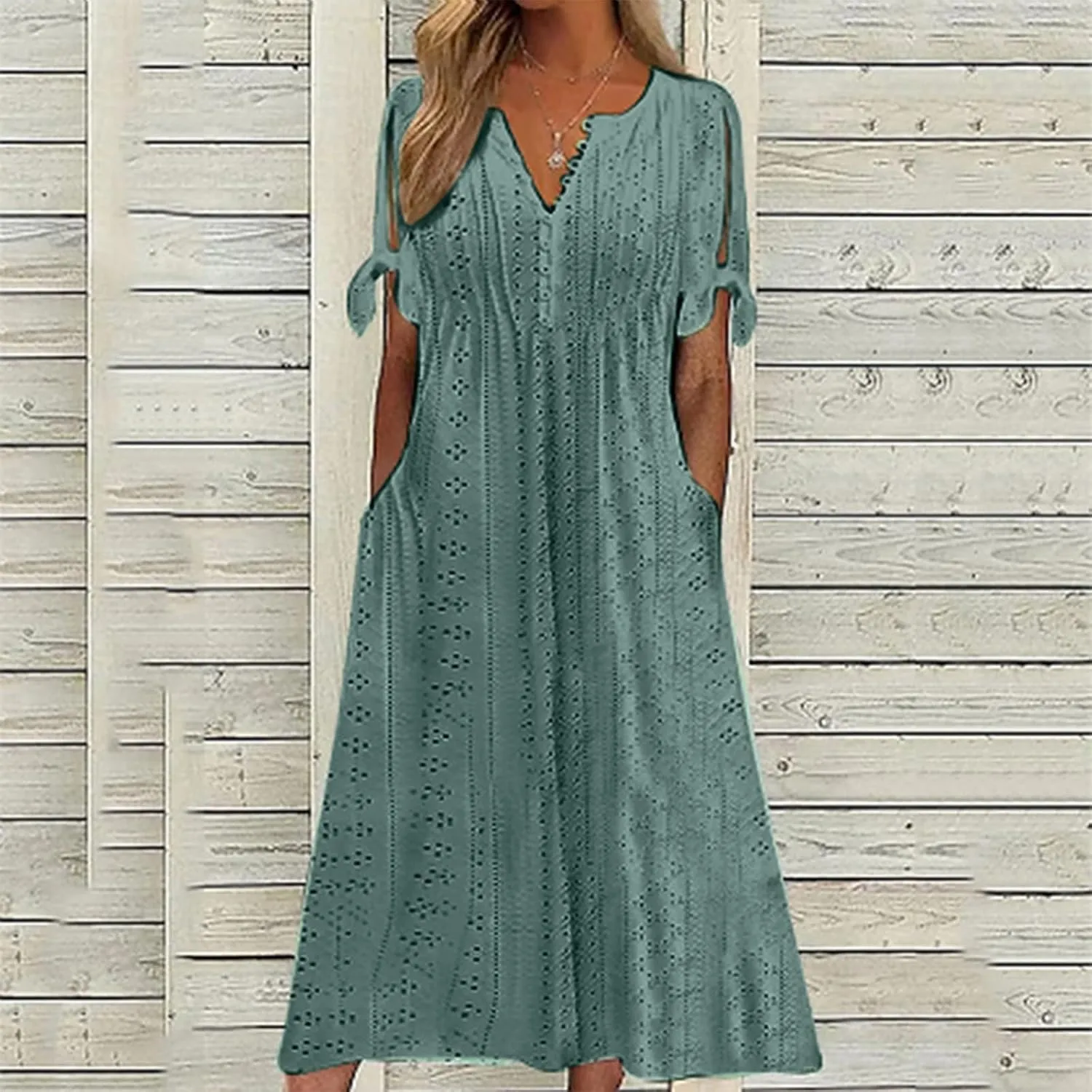 Maxi Dresses for Women 2025 Boho Short Sleeve Eyelet Tshirt Dress Casual Summer Beach Vacation Long Dresses