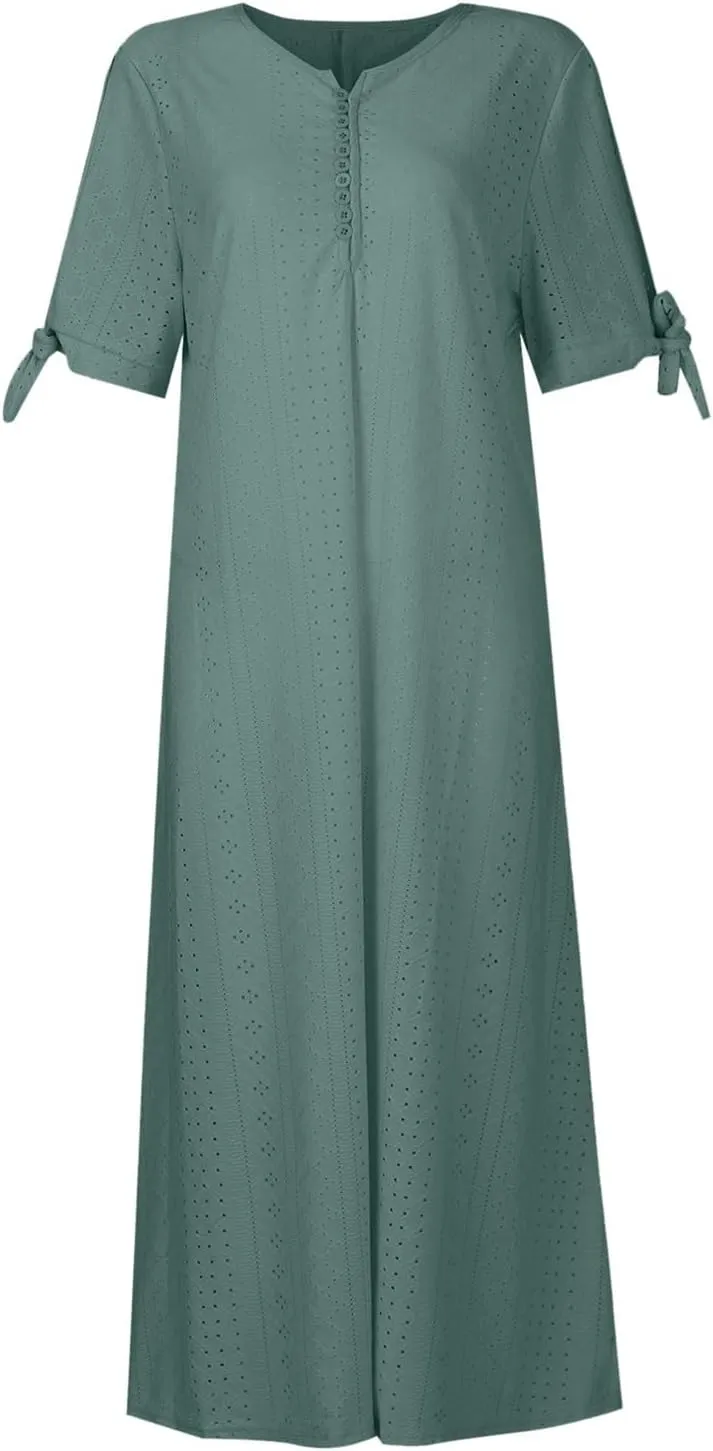 Maxi Dresses for Women 2025 Boho Short Sleeve Eyelet Tshirt Dress Casual Summer Beach Vacation Long Dresses