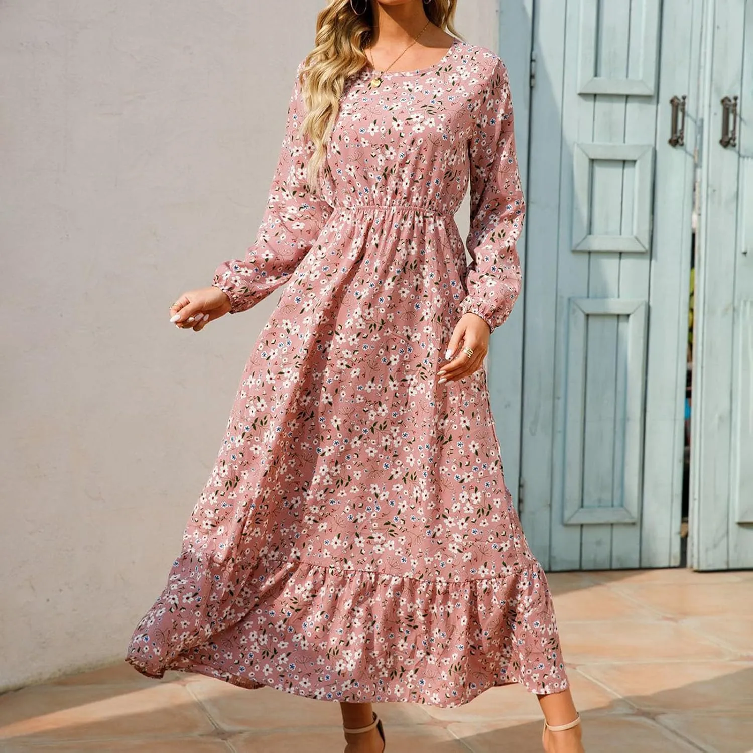 Maxi Dresses for Women Fall Small Floral Printed Elastic Waist Ruffle Hem Dress Long Sleeve Comfy Flowy Long Dresses