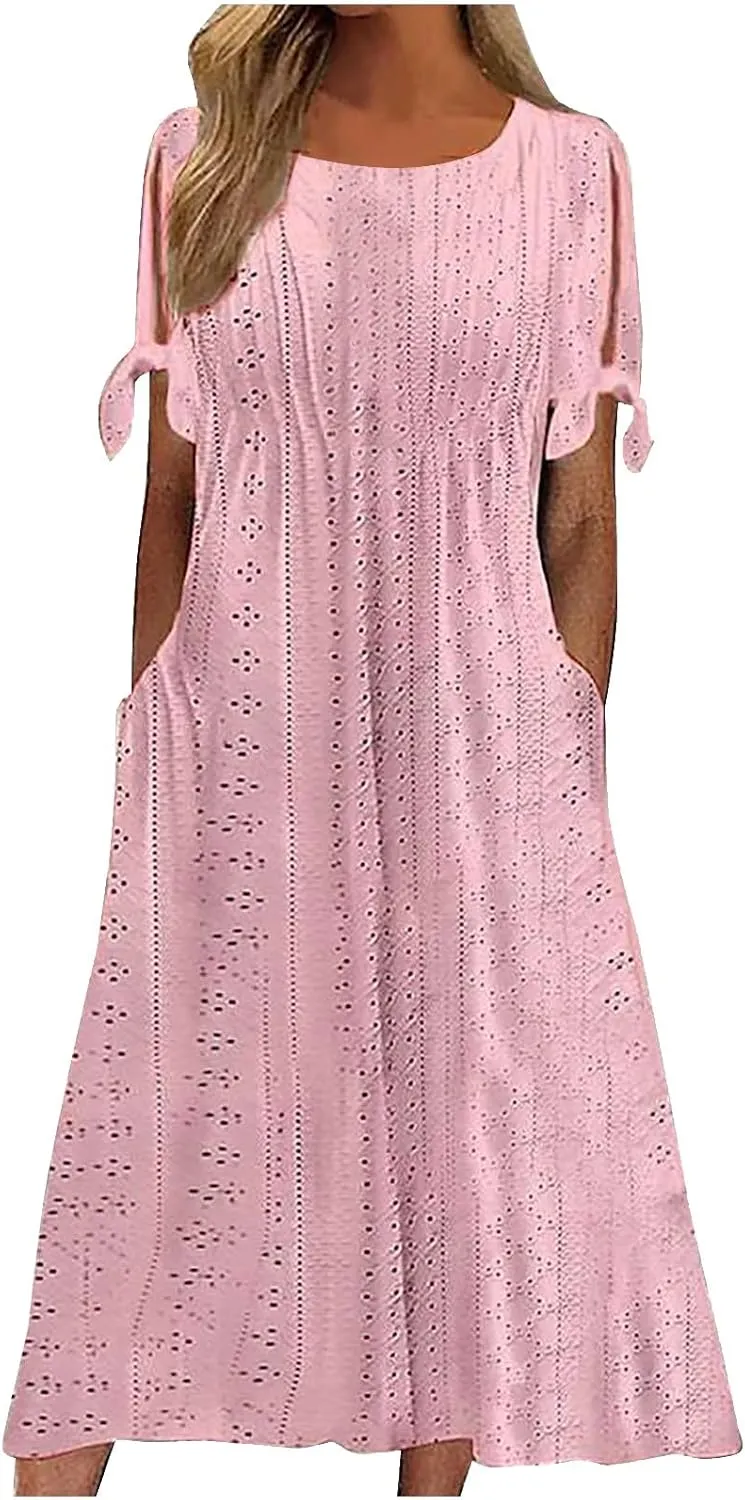 Maxi Long Dresses for Women Summer Trendy Short Sleeve Eyelet Tshirt Dress Casual Beach Vacation Sundress with Pockets