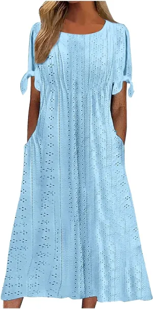 Maxi Long Dresses for Women Summer Trendy Short Sleeve Eyelet Tshirt Dress Casual Beach Vacation Sundress with Pockets
