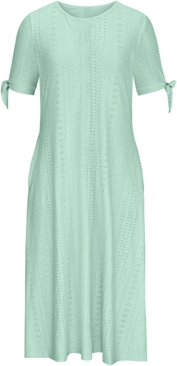 Maxi Long Dresses for Women Summer Trendy Short Sleeve Eyelet Tshirt Dress Casual Beach Vacation Sundress with Pockets