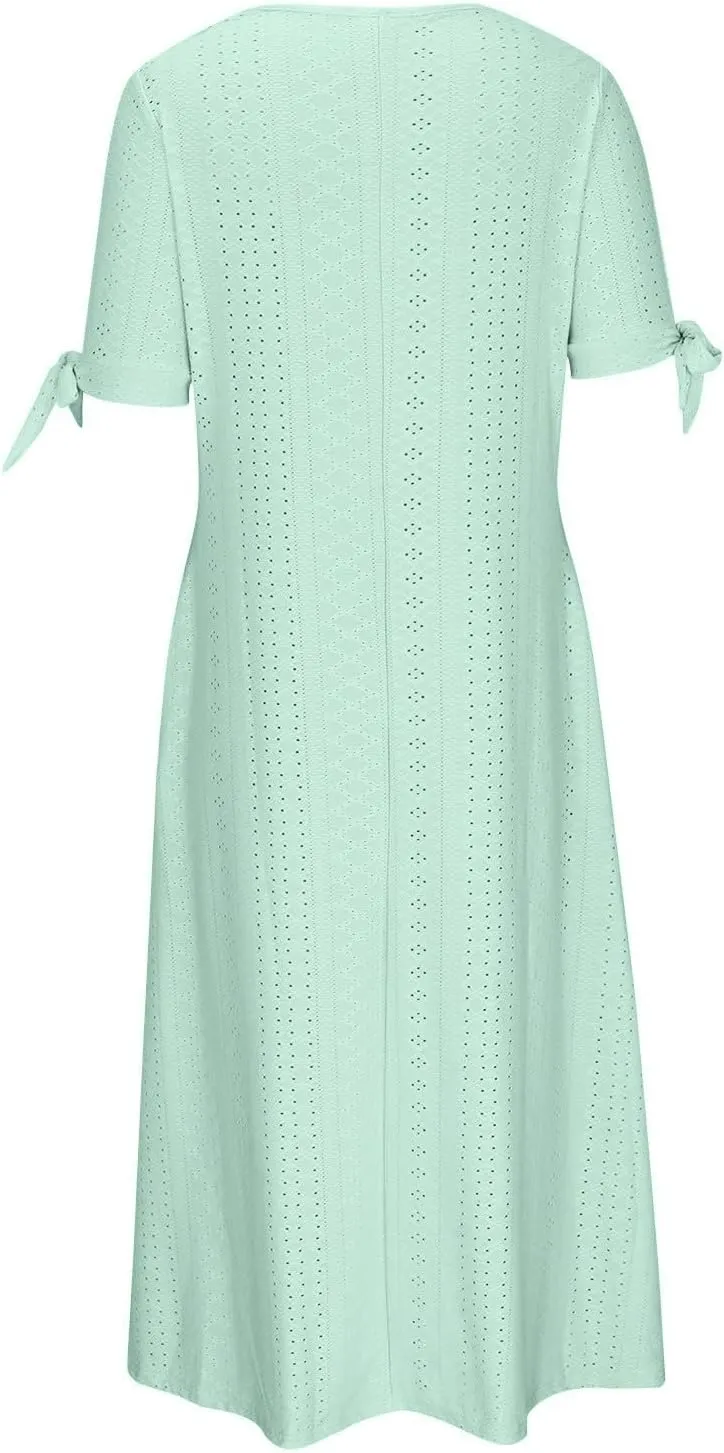 Maxi Long Dresses for Women Summer Trendy Short Sleeve Eyelet Tshirt Dress Casual Beach Vacation Sundress with Pockets