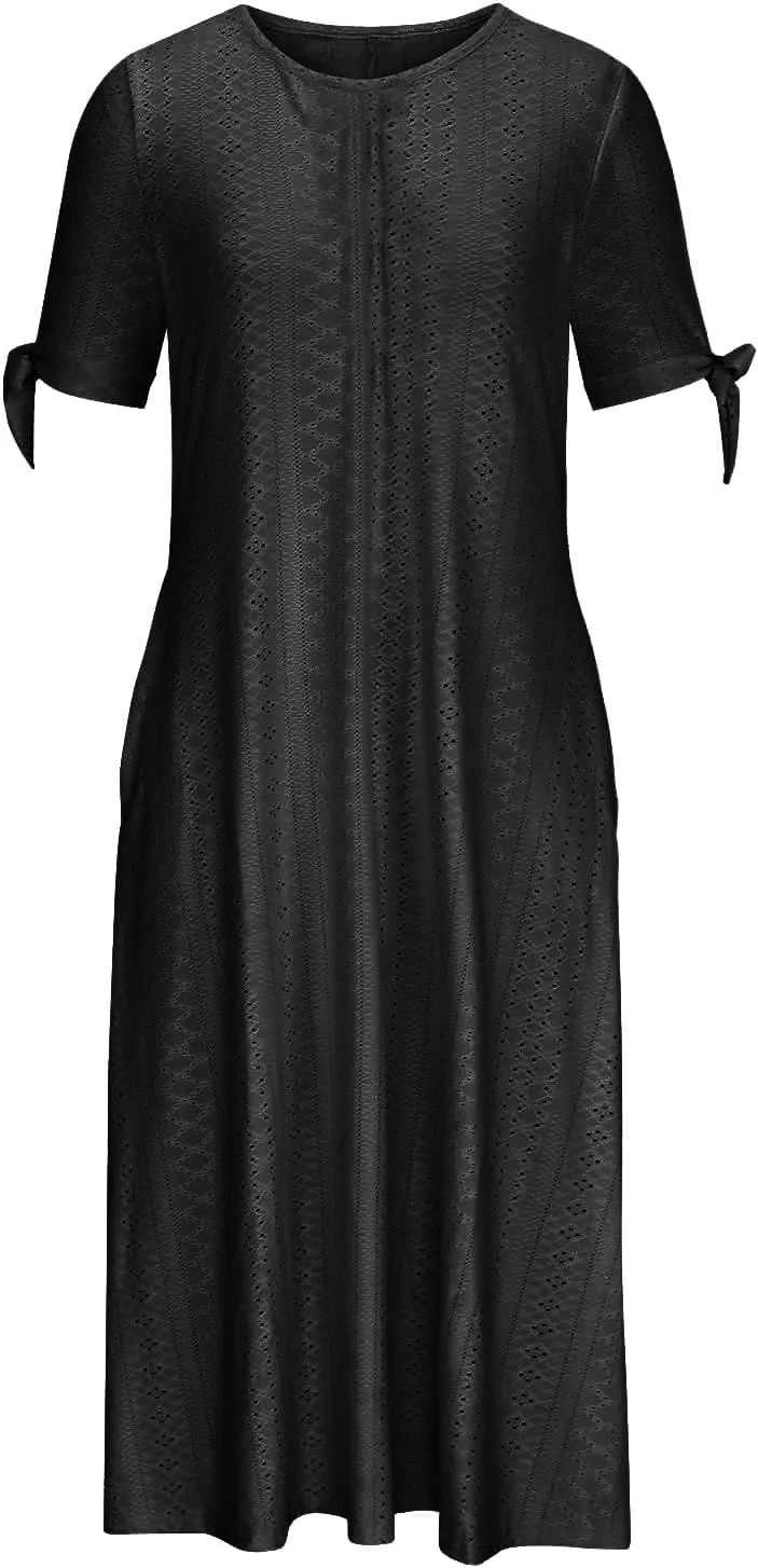 Maxi Long Dresses for Women Summer Trendy Short Sleeve Eyelet Tshirt Dress Casual Beach Vacation Sundress with Pockets