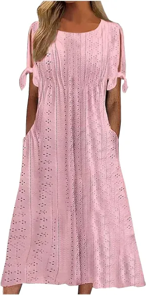 Maxi Long Dresses for Women Summer Trendy Short Sleeve Eyelet Tshirt Dress Casual Beach Vacation Sundress with Pockets
