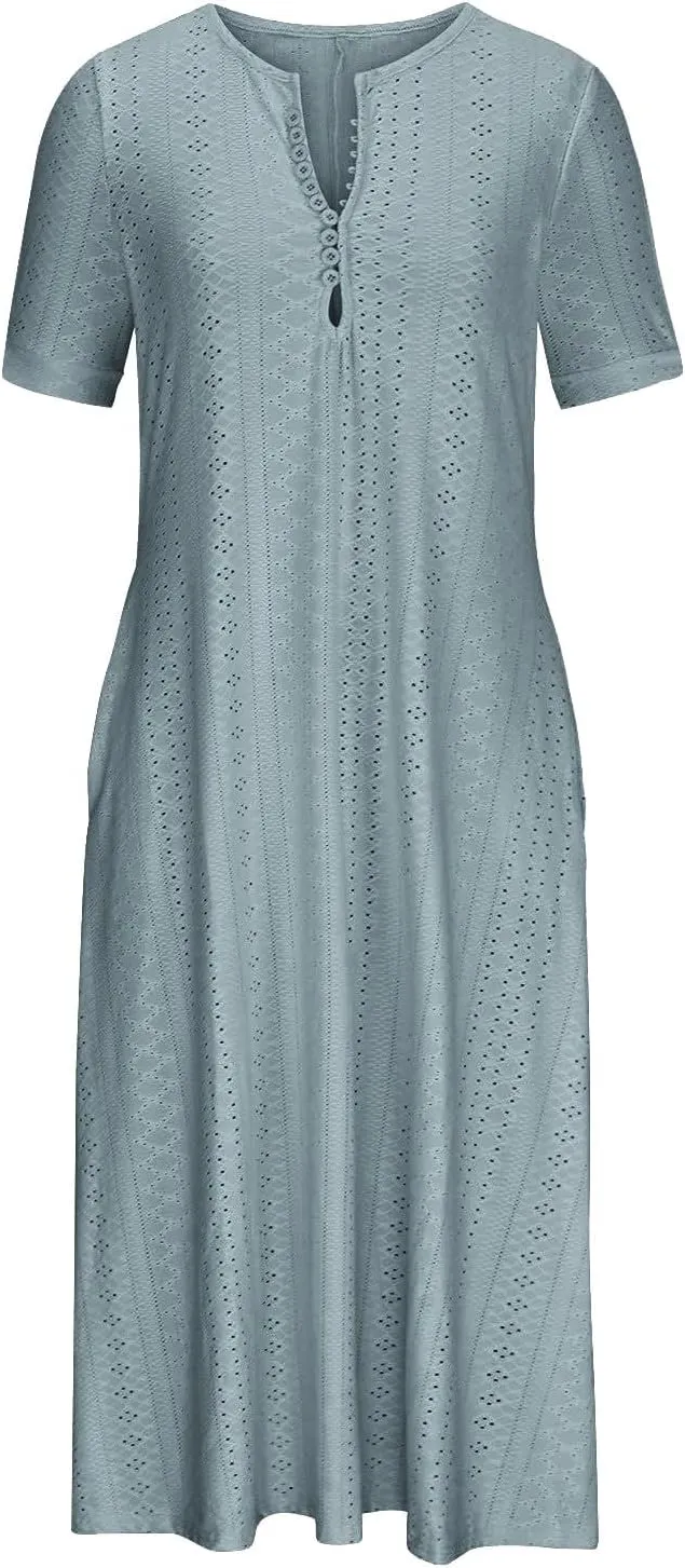 Maxi Long Dresses for Women Summer Trendy Short Sleeve Eyelet Tshirt Dress Casual Beach Vacation Sundress with Pockets