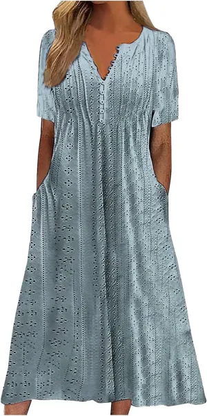 Maxi Long Dresses for Women Summer Trendy Short Sleeve Eyelet Tshirt Dress Casual Beach Vacation Sundress with Pockets