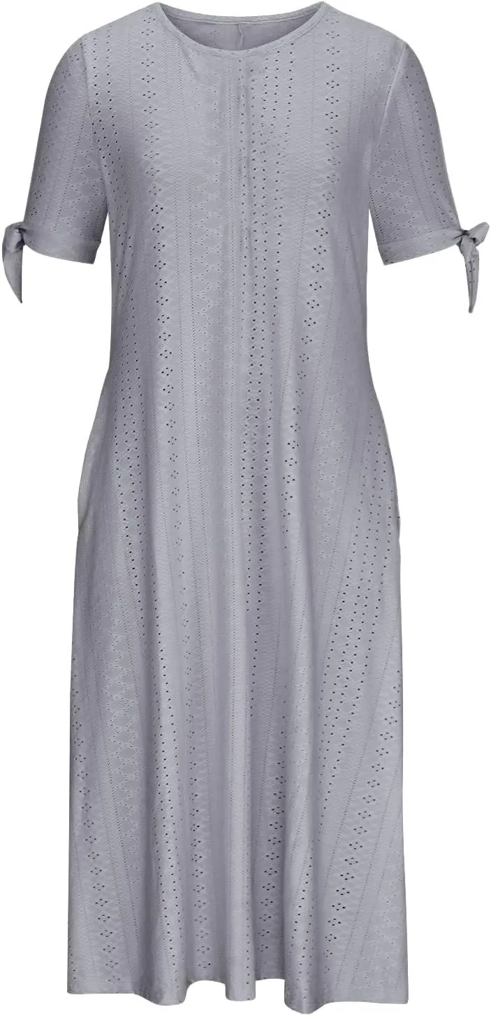 Maxi Long Dresses for Women Summer Trendy Short Sleeve Eyelet Tshirt Dress Casual Beach Vacation Sundress with Pockets