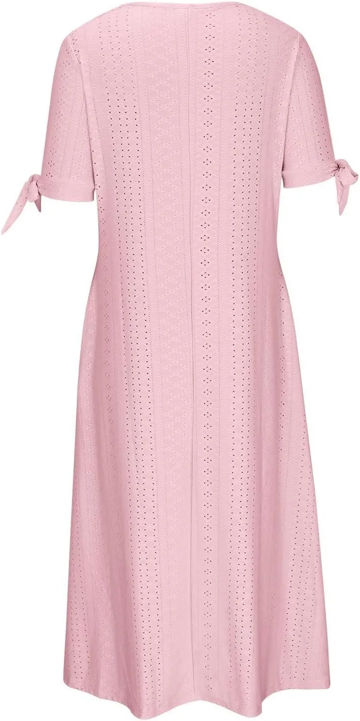Maxi Long Dresses for Women Summer Trendy Short Sleeve Eyelet Tshirt Dress Casual Beach Vacation Sundress with Pockets