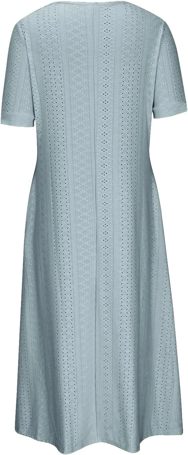 Maxi Long Dresses for Women Summer Trendy Short Sleeve Eyelet Tshirt Dress Casual Beach Vacation Sundress with Pockets