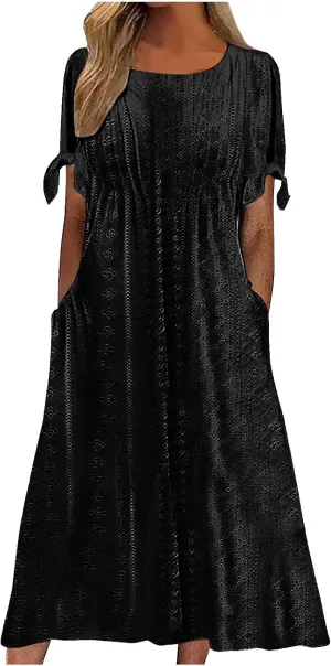 Maxi Long Dresses for Women Summer Trendy Short Sleeve Eyelet Tshirt Dress Casual Beach Vacation Sundress with Pockets
