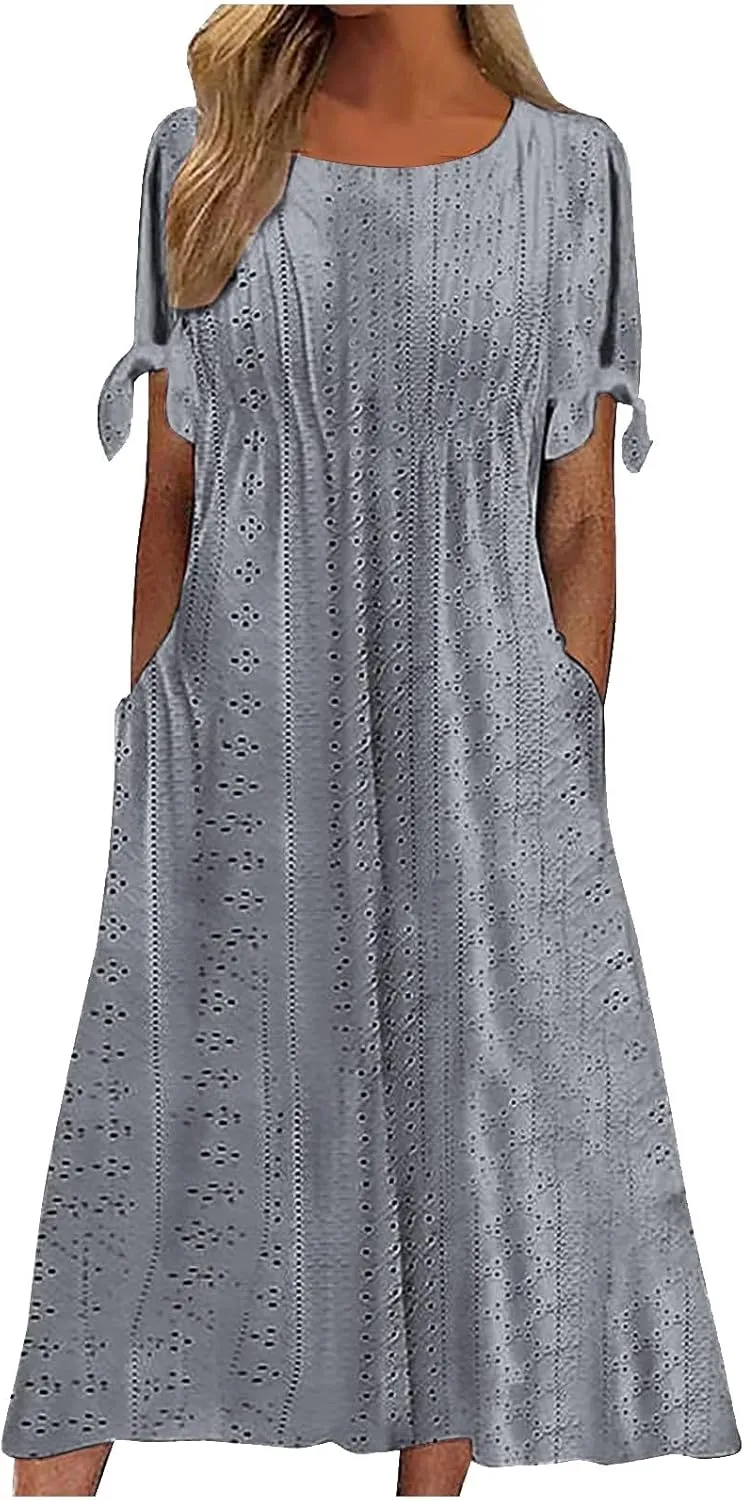 Maxi Long Dresses for Women Summer Trendy Short Sleeve Eyelet Tshirt Dress Casual Beach Vacation Sundress with Pockets
