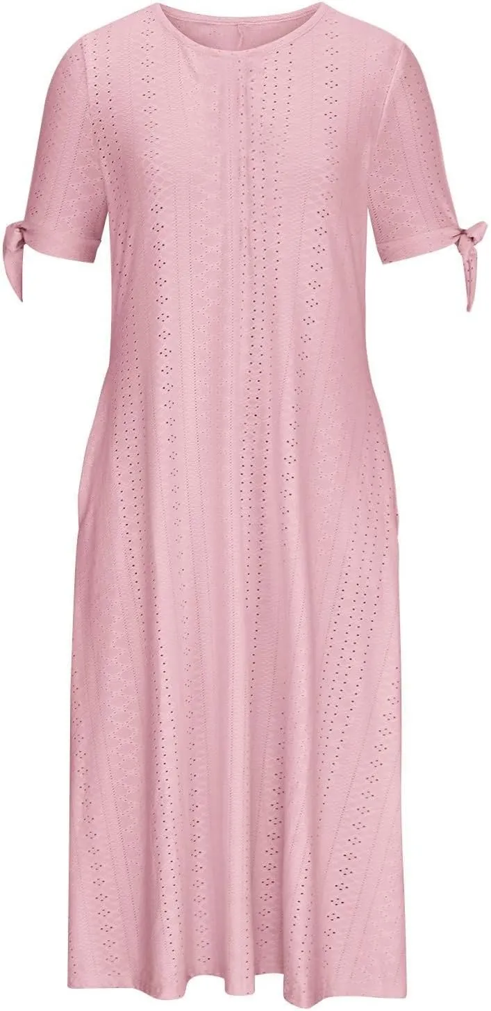 Maxi Long Dresses for Women Summer Trendy Short Sleeve Eyelet Tshirt Dress Casual Beach Vacation Sundress with Pockets