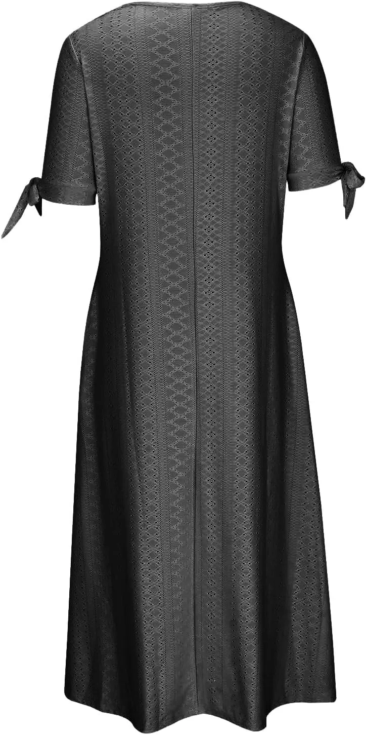 Maxi Long Dresses for Women Summer Trendy Short Sleeve Eyelet Tshirt Dress Casual Beach Vacation Sundress with Pockets