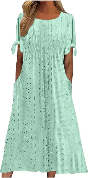 Maxi Long Dresses for Women Summer Trendy Short Sleeve Eyelet Tshirt Dress Casual Beach Vacation Sundress with Pockets