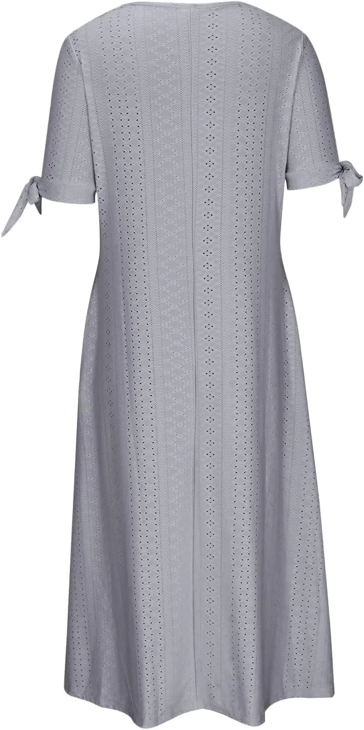 Maxi Long Dresses for Women Summer Trendy Short Sleeve Eyelet Tshirt Dress Casual Beach Vacation Sundress with Pockets
