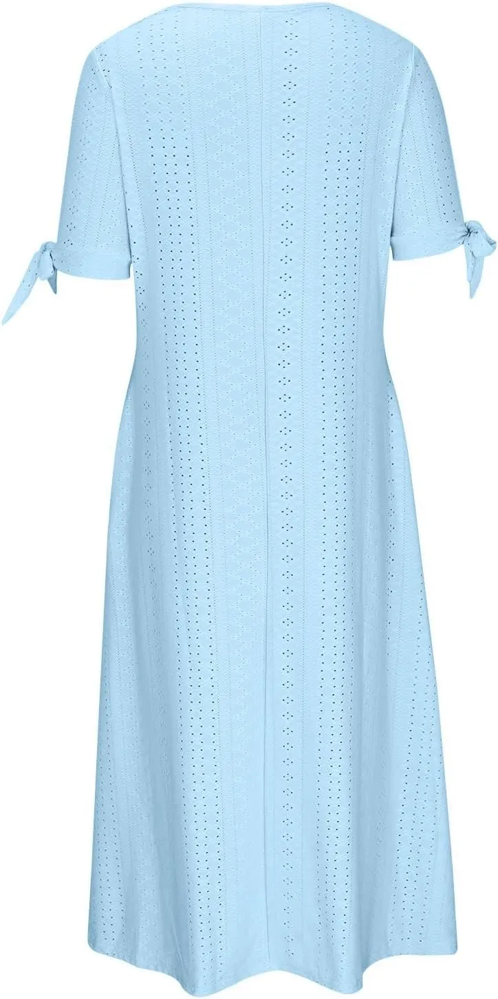 Maxi Long Dresses for Women Summer Trendy Short Sleeve Eyelet Tshirt Dress Casual Beach Vacation Sundress with Pockets