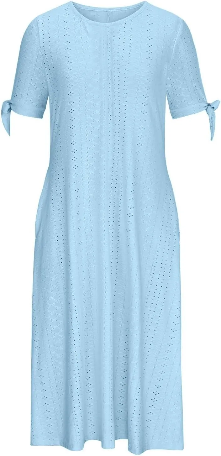 Maxi Long Dresses for Women Summer Trendy Short Sleeve Eyelet Tshirt Dress Casual Beach Vacation Sundress with Pockets
