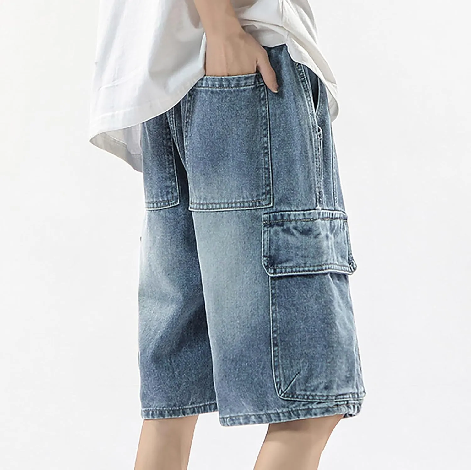 Men Baggy Denim Jorts Y2K Grunge Loose Hip Hop Jean Shorts Summer Casual Mid Jeans with Pockets Streetwear
