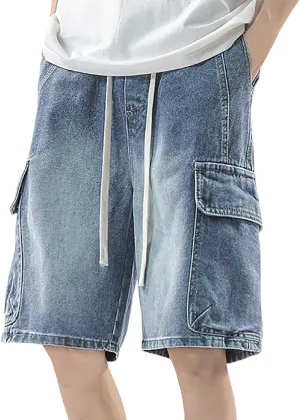 Men Baggy Denim Jorts Y2K Grunge Loose Hip Hop Jean Shorts Summer Casual Mid Jeans with Pockets Streetwear