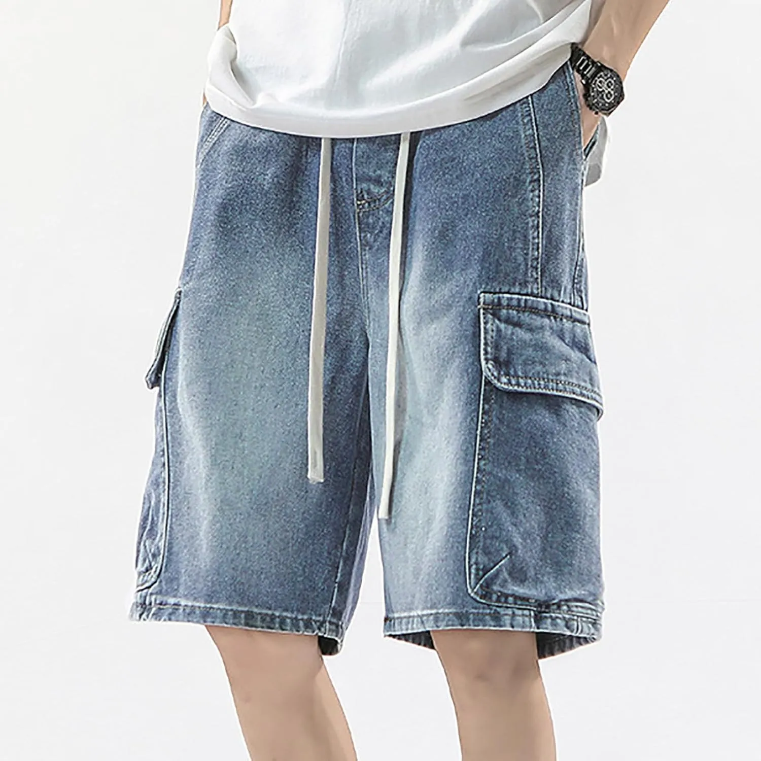 Men Baggy Denim Jorts Y2K Grunge Loose Hip Hop Jean Shorts Summer Casual Mid Jeans with Pockets Streetwear