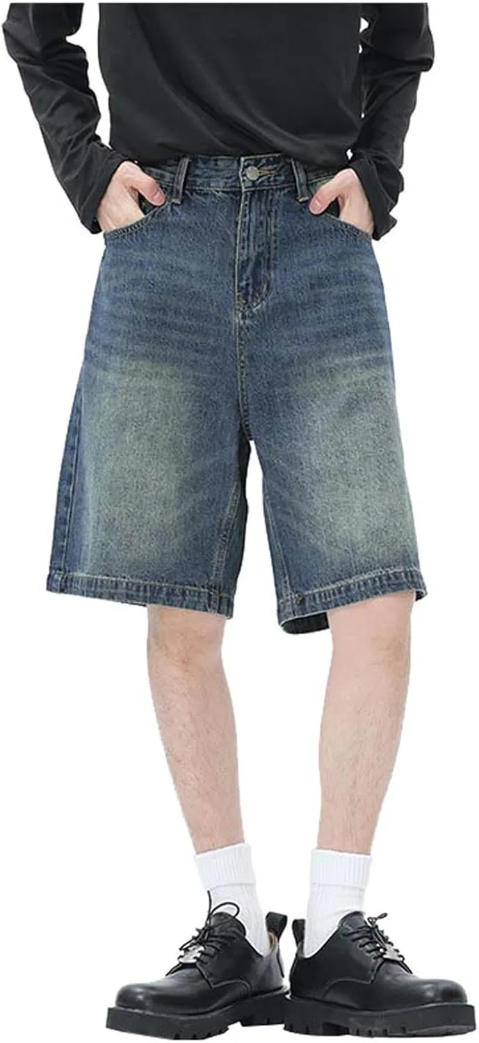 Men Baggy Denim Jorts Y2K Grunge Loose Hip Hop Jean Shorts Summer Casual Mid Jeans with Pockets Streetwear