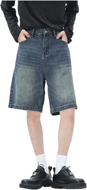 Men Baggy Denim Jorts Y2K Grunge Loose Hip Hop Jean Shorts Summer Casual Mid Jeans with Pockets Streetwear