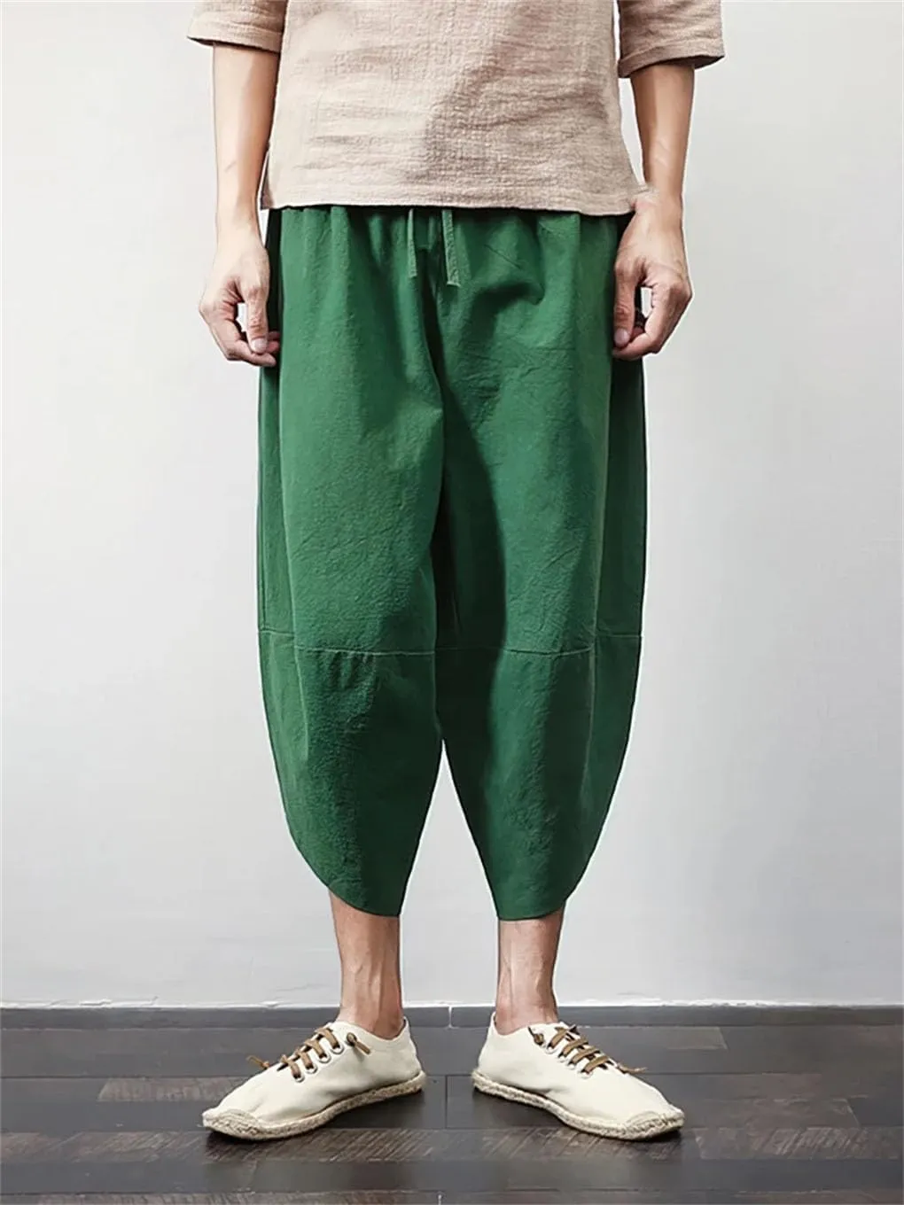 Men Beach Cotton Linen Cargo Shorts Baggy Wide Leg Casual Pants Sport Running Harem Trousers