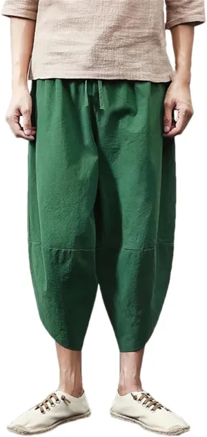 Men Beach Cotton Linen Cargo Shorts Baggy Wide Leg Casual Pants Sport Running Harem Trousers