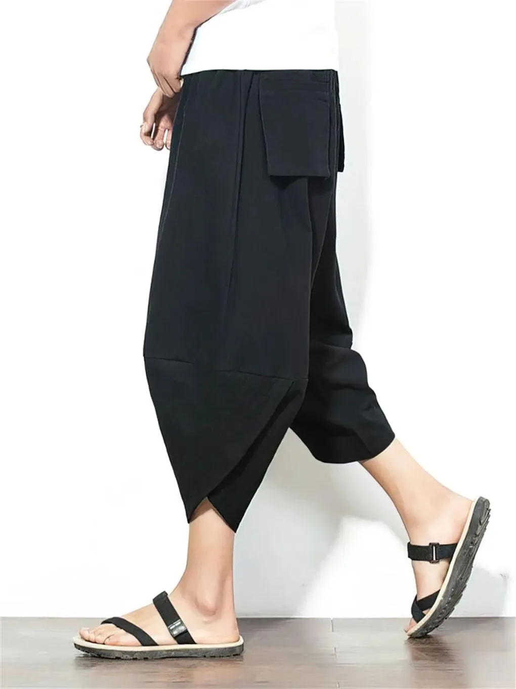 Men Beach Cotton Linen Cargo Shorts Baggy Wide Leg Casual Pants Sport Running Harem Trousers