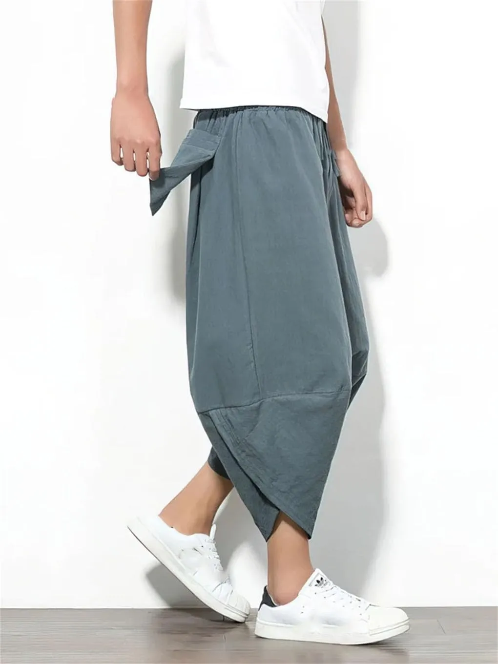 Men Beach Cotton Linen Cargo Shorts Baggy Wide Leg Casual Pants Sport Running Harem Trousers