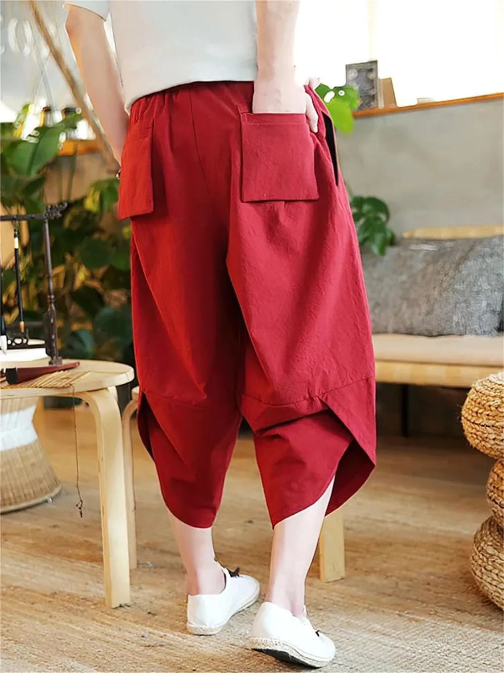 Men Beach Cotton Linen Cargo Shorts Baggy Wide Leg Casual Pants Sport Running Harem Trousers
