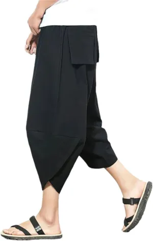 Men Beach Cotton Linen Cargo Shorts Baggy Wide Leg Casual Pants Sport Running Harem Trousers