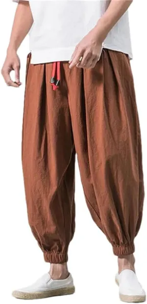 Men Loose Harem Pants Chinese Linen Overweight Sweatpants Solid Casual Trousers
