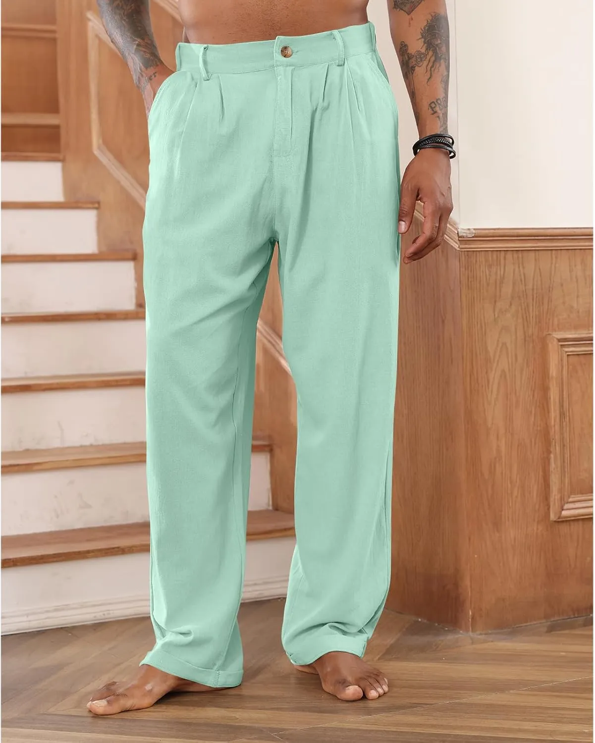 Mens Cotton Linen Pants Elastic Drawstring Waist Trouser Casual Loose Fit Yoga Beach Pants
