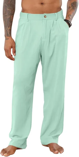 Mens Cotton Linen Pants Elastic Drawstring Waist Trouser Casual Loose Fit Yoga Beach Pants