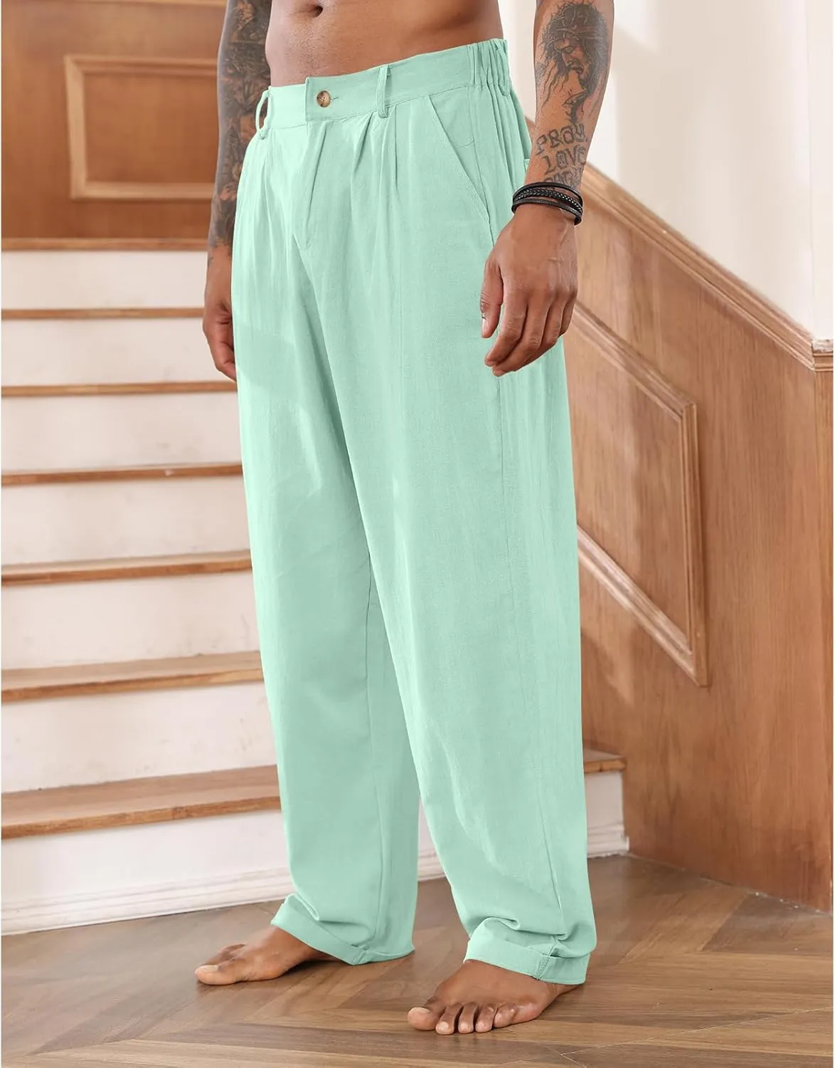 Mens Cotton Linen Pants Elastic Drawstring Waist Trouser Casual Loose Fit Yoga Beach Pants