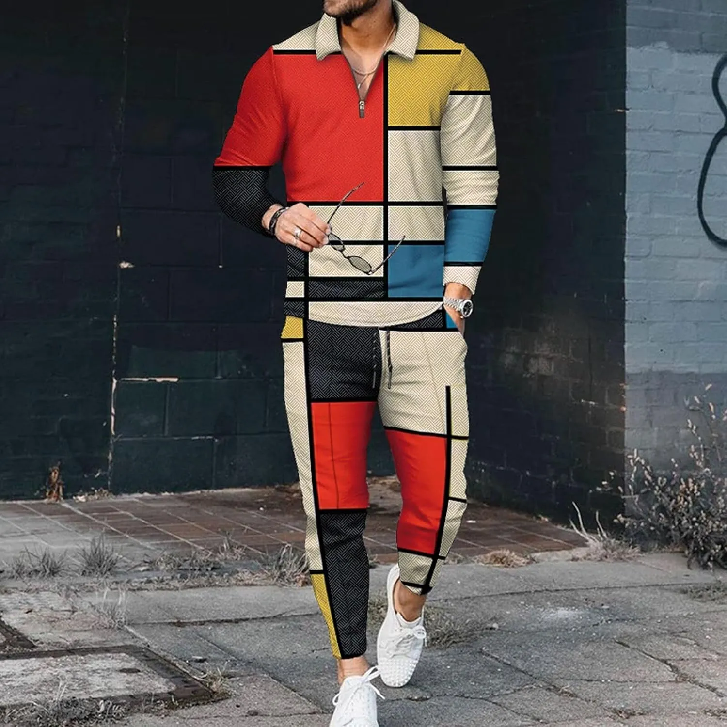 Men's Polo Track Suit Sets Long Sleeve Mens Outfits 2 Piece Fashion Sweatsuit Comfy Casual Set for Men
