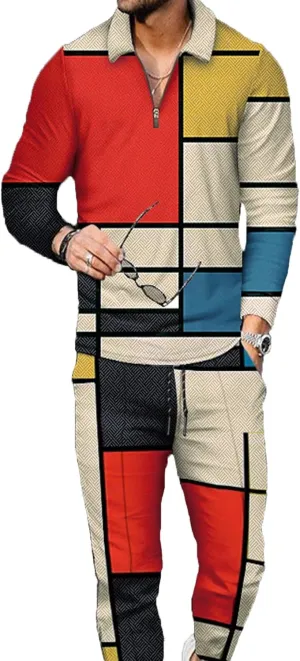 Men's Polo Track Suit Sets Long Sleeve Mens Outfits 2 Piece Fashion Sweatsuit Comfy Casual Set for Men