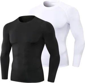 Men's Sports Compression Running Workout Long Sleeve Quick Dry Base Layer Active Athletic Gym Shirt, 2 Pcs Black white, Medium
