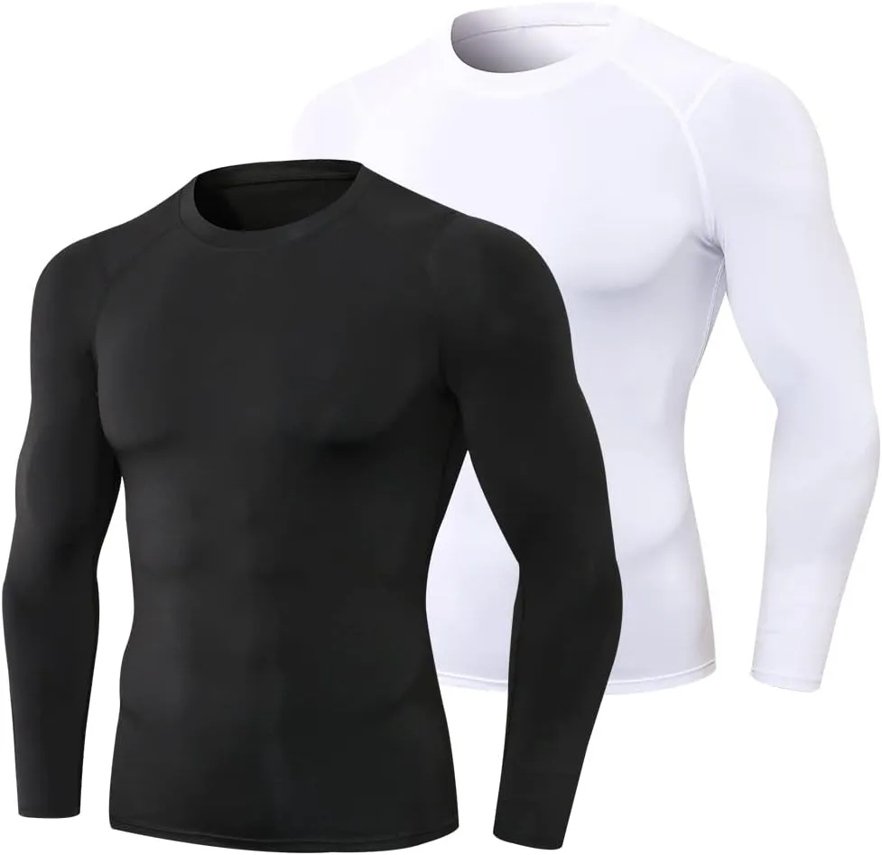 Men's Sports Compression Running Workout Long Sleeve Quick Dry Base Layer Active Athletic Gym Shirt, 2 Pcs Black white, Medium