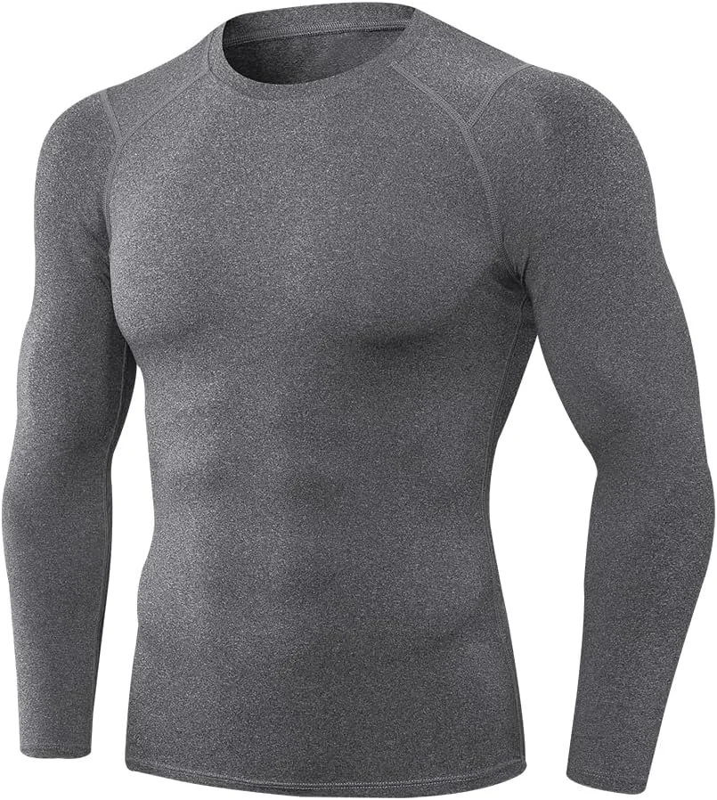 Men's Sports Compression Shirt Running Workout Long Sleeve Quick Dry Base Layer Active Athletic Gym, 01#grey, Small