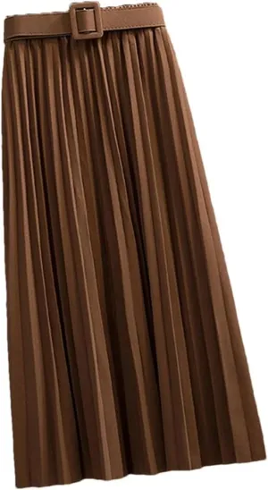 Mid-Length Pleated Skirt for Women Korean Elegant Solid A Line Belt High Waist Midi Long Skirt