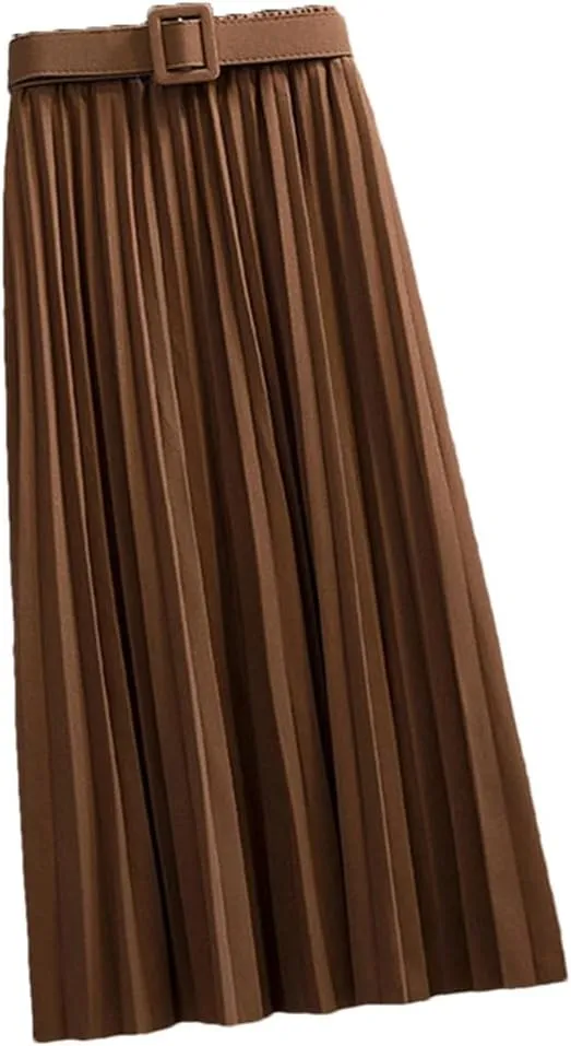 Mid-Length Pleated Skirt for Women Korean Elegant Solid A Line Belt High Waist Midi Long Skirt