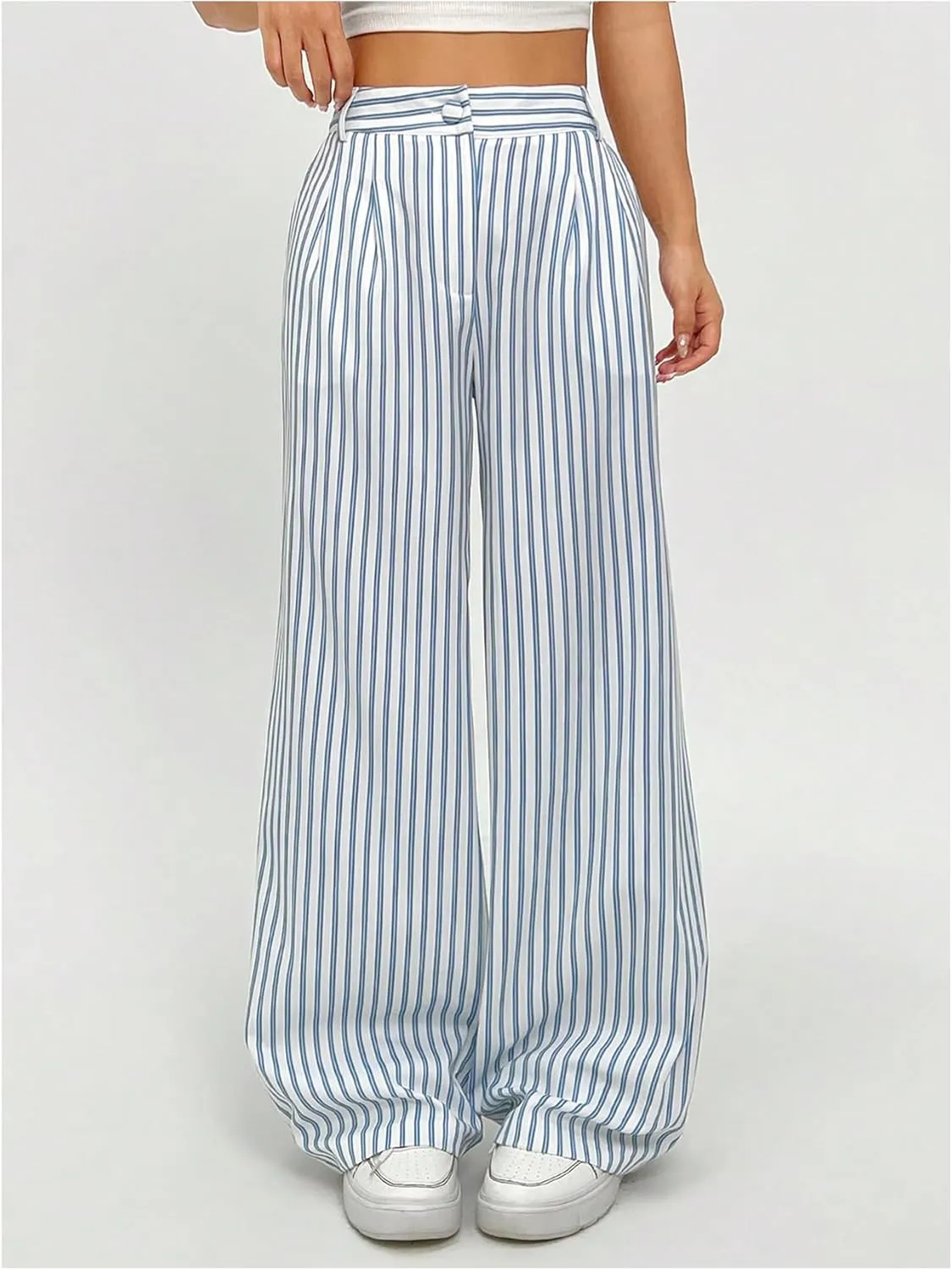 Milumia Women's Striped Print Work Pants Wide Leg Zip Pockets Casual Trousers