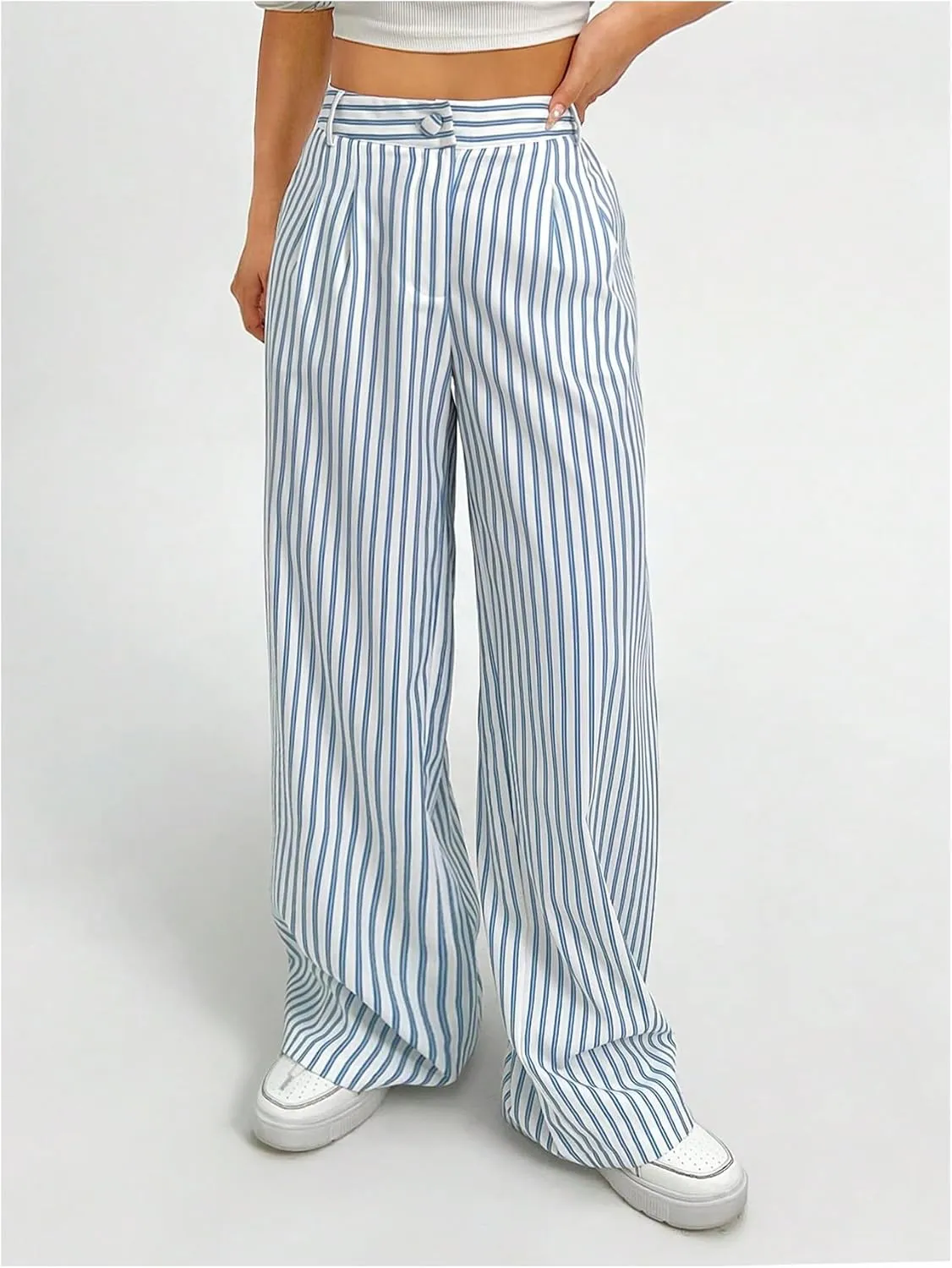 Milumia Women's Striped Print Work Pants Wide Leg Zip Pockets Casual Trousers