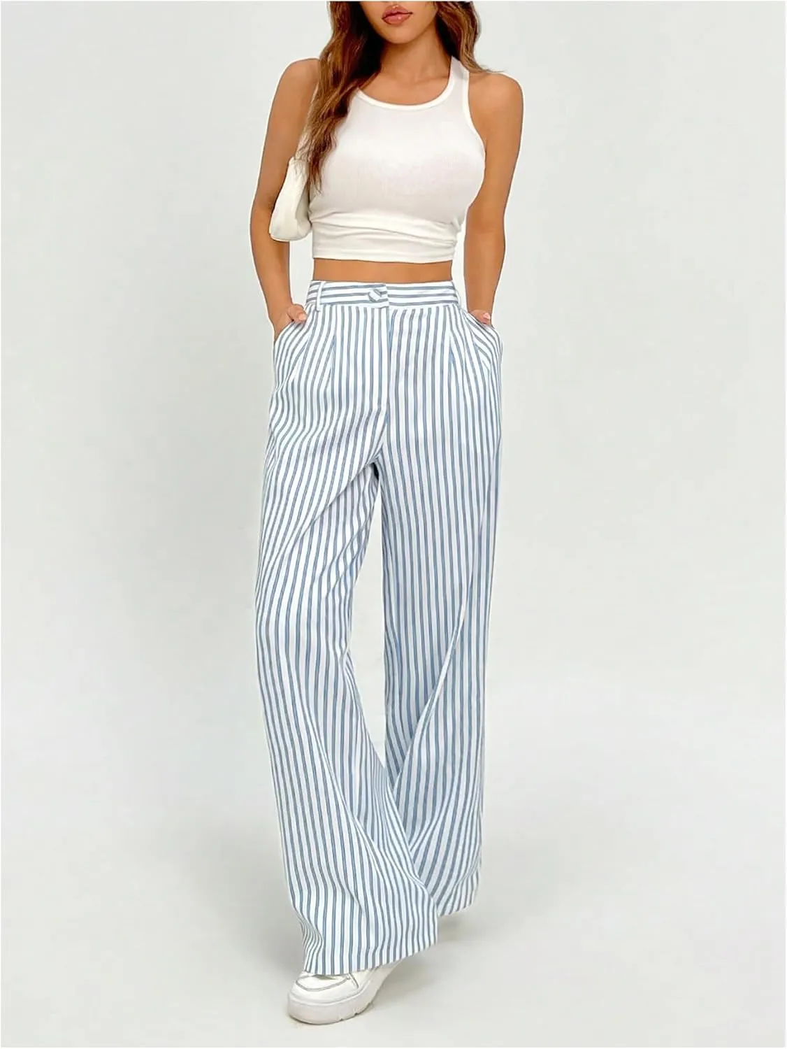 Milumia Women's Striped Print Work Pants Wide Leg Zip Pockets Casual Trousers