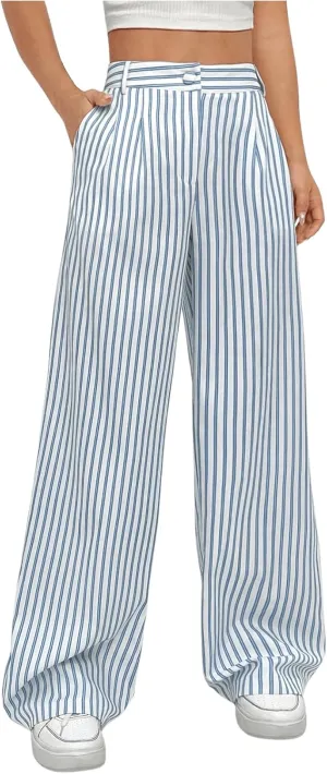 Milumia Women's Striped Print Work Pants Wide Leg Zip Pockets Casual Trousers