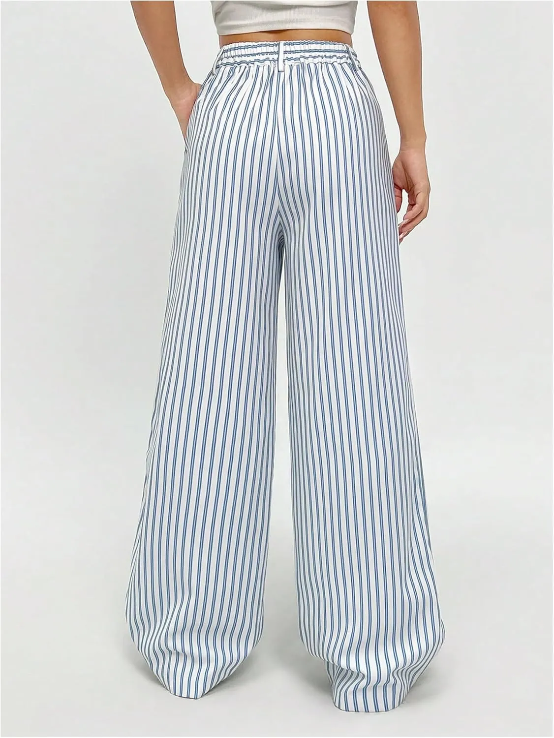 Milumia Women's Striped Print Work Pants Wide Leg Zip Pockets Casual Trousers